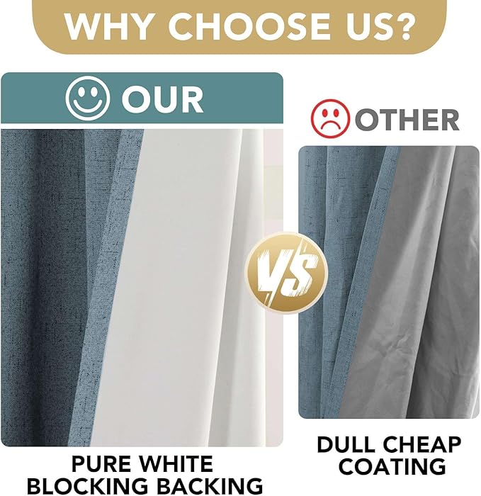 H.VERSAILTEX Primitive Linen Curtains 100% Blackout Curtain Drapes Burlap Curtains with White Thermal Insulated Liner, Grommet Top Drapes Living Room/Bedroom (2 Panels, 42 x 54 Inch, Stone Blue)
