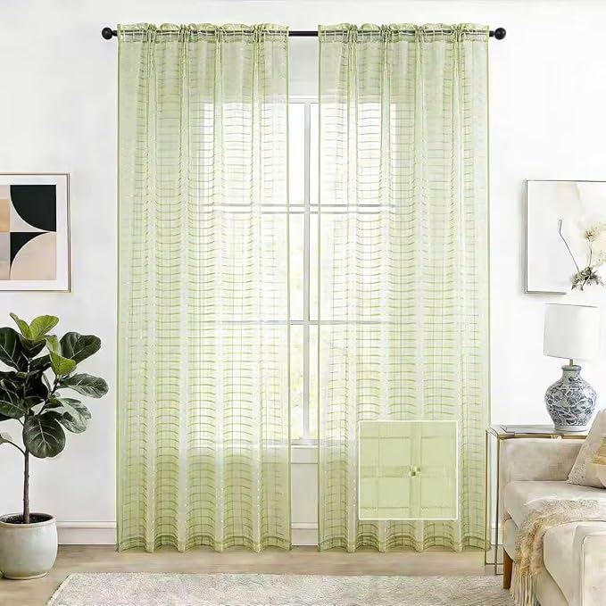 SpaceDresser Check Sheer Curtains 96 Inches 2 Panels Set, Rod Pocket Plaid Window Curtain for Living Room, Sage Green Semi Sheer Drapes for Kitchen Bedroom Children Room Yard（Sage Green, 52W x 96L）