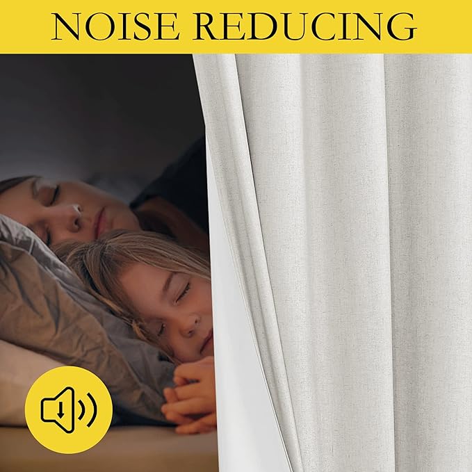NICETOWN 100% Absolutely Blackout Linen Curtains with Thermal Insulated White Liner, Ivory, W62, 2 Pieces, Noise Reducing Textured Linen Look Curtains for Windows 90 inch Length for Classroom