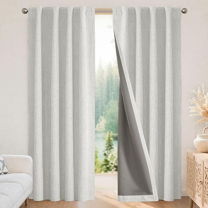 Joydeco Linen Blackout Curtains for Bedroom - 100% Light Blocking 1 Panels, White Drapes 100" W x 108" L, Thermal Insulated Room Darkening Curtains for Living Room, Rod Pocket & Back Tabs