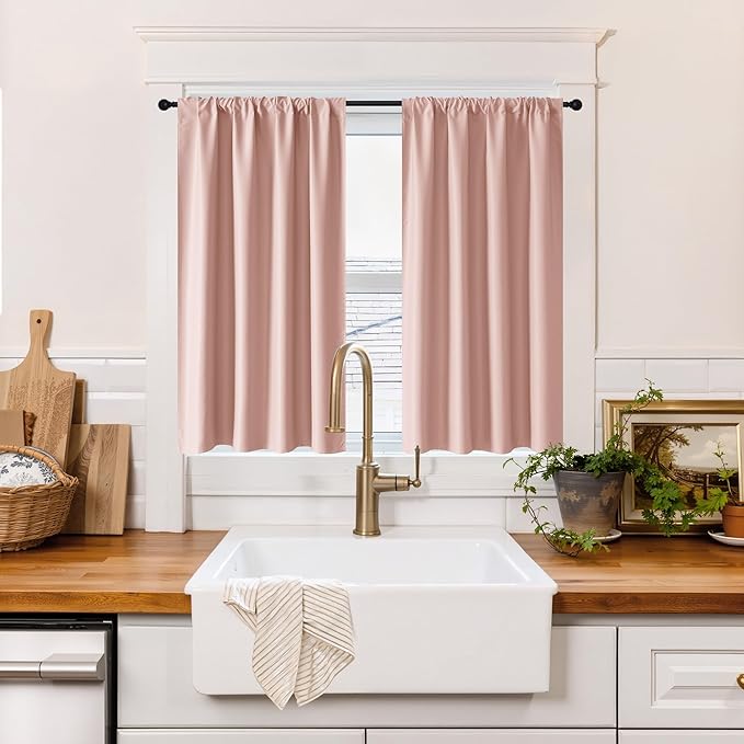 RYB HOME 100% Blackout Short Curtains for Small Window, Thermal Insulated Total Room Darkening Noise Reducing Curtains for Basement Bathroom Basement, 29 inches Wide by 45 inches Long, Peach Pink