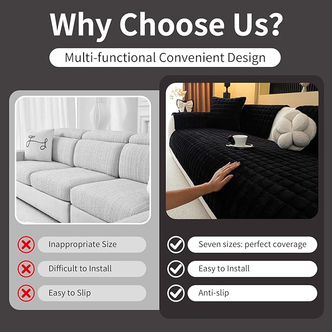 Velvet Couch Cover, Plush Sectional Sofa Cover Washable, Anti Slip Sofa Slipcover for 4 Cushions Sofas, Furniture Protector Covers for Pets & Kids(1PC, Black, 35.4"×94.5", 4-Seater)