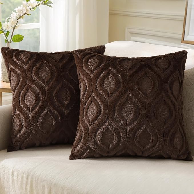 decorUhome Throw Pillow Covers 24x24 Inch Set of 2, Soft Plush Faux Wool Dark Brown Solid Couch Pillow Covers, Accent Euro Sham Farmhouse Neutral Square Pillow Cases for Sofa Bed Living Room