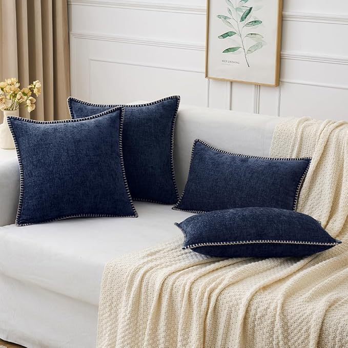 MIULEE Pack of 2 Couch Throw Pillow Covers 20x20 Inch Navy Blue Farmhouse Decorative Pillow Covers with Stitched Edge Soft Chenille Solid Dyed Spring Pillow Covers for Sofa Bed Living Room