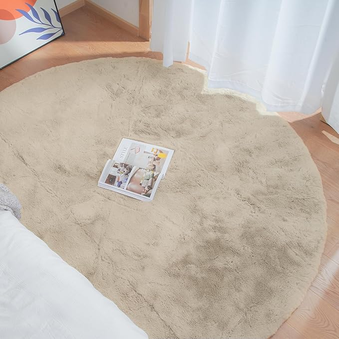 ORINOVA Round Rugs 8ft Shag Washable Fluffy Area Rugs for Bedroom Light Brown Beige Large Circle Faux Rabbit Shaggy Fur Rug for Living Room Nursery Rug