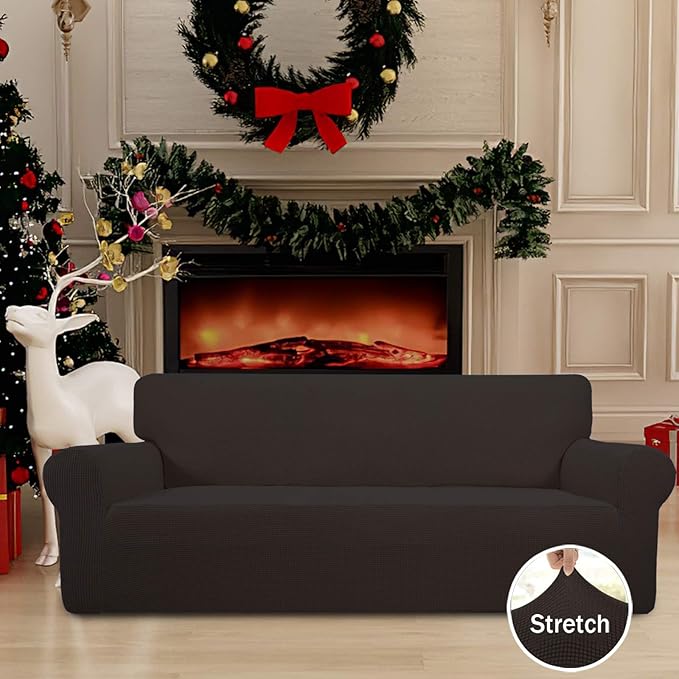 Easy-Going Stretch Sofa Slipcover 1-Piece Sofa Cover Furniture Protector Couch Soft with Elastic Bottom for Kids, Polyester Spandex Jacquard Fabric Small Checks (Sofa, Chocolate)