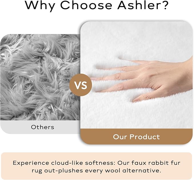 Ashler Faux Fur Rug, Upgraded Soft Faux Rabbit Fur White Area Rugs, 2 x 3 Feet, Machine Washable Nursery Decor Throw Rugs for Bedroom, Kids Room, Living Room