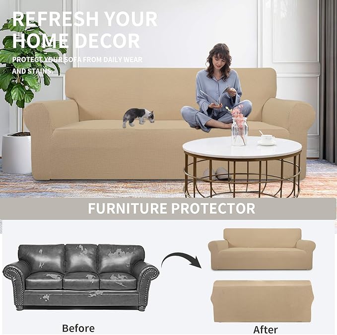 Easy-Going Stretch Oversized Loveseat Slipcover 1-Piece Sofa Cover Furniture Protector Couch Soft with Elastic Bottom for Kids Polyester Spandex Jacquard Fabric Small Checks Sand