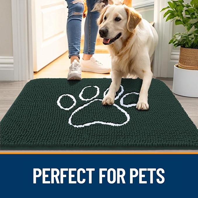 OLANLY Dog Door Mat for Muddy Paws 59x35, Paw Print Design, Absorbs Moisture and Dirt, Absorbent Non-Slip Washable Doormat, Quick Dry Chenille Mud Mat, Entry Indoor Entryway Carpet, Blackish Green