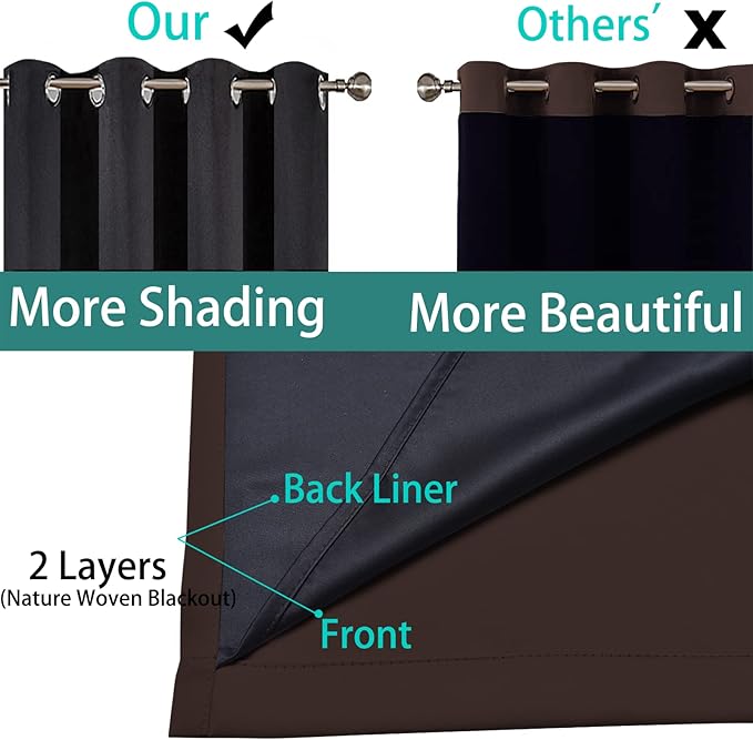 Yakamok Blackout Curtains 96 Inches Long,Blackout Curtain Panels for Bedroom, 2 Thick Layers Grommet Top Thermal Insulated Drapes with Black Liner for Living Room(52Wx96L, Chocolate Brown, 2 Panels)