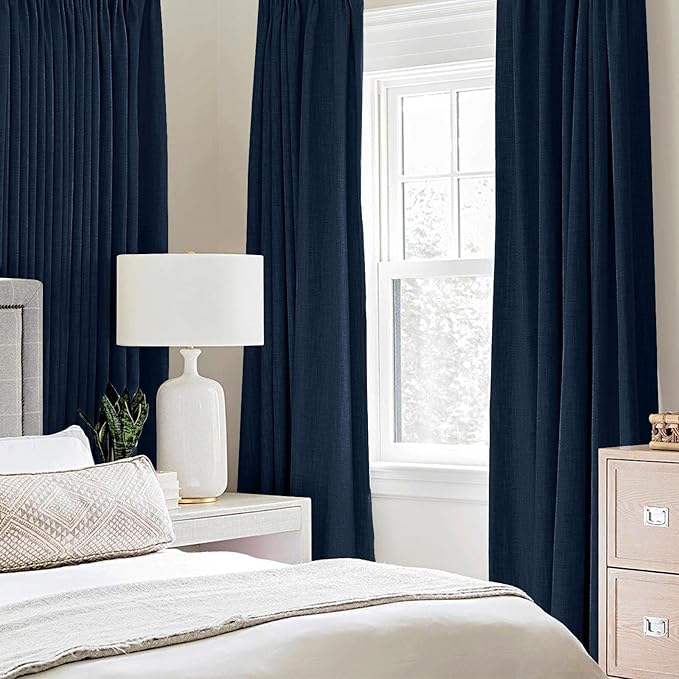 MIULEE Linen Textured Curtains for Bedroom Solid 100% Blackout Thermal Insulated Midnight Blue Grommet Room Darkening Curtains & Drapes Luxury Decor for Living Room Nursery 52 x 45 Inch (2 Panels)