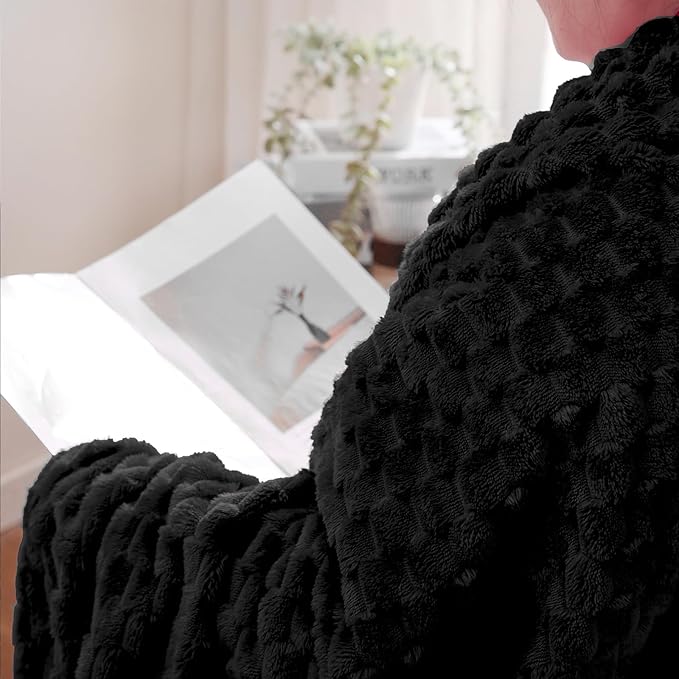 Puncuntex Black Throw Blanket 50"×60" inches Fuzzy 3D Jacquard Decorative Flannel Fleece Super Soft Plush Cozy Blanket for Couch Sofa Chair Lightweight