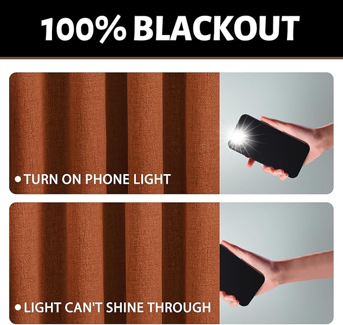 Yakamok Burnt Orange Linen Curtains 100% Blackout 72 Inches Long,Room Darkening Textured Curtains for Living Room Thermal Grommet Bedroom Curtains 2 Panels with White Liner