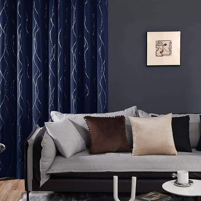 Deconovo Blackout Curtains 63 Inch Length for Living Room, Navy Blue Curtain, Thermal Insulated Soundproof Privacy Curtain with Silver Wave Dot Print, Machine Washable Window Panel for Bedroom Nursery