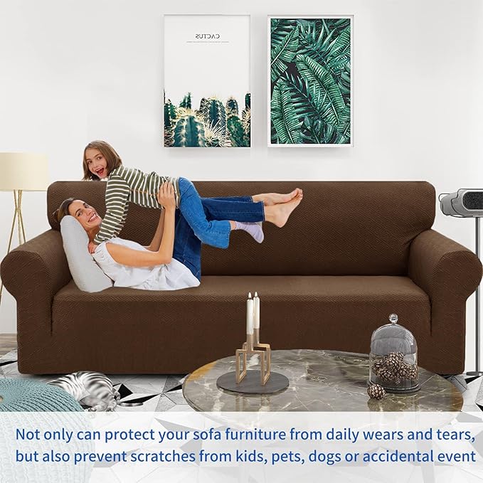 ZNSAYOTX 1 Piece Jacquard Couch Covers for 3 Cushion Couch Living Room High Stretch Sofa Cover Pets Dogs Friendly Anti Slip Thickened Slipcovers Furniture Protector (Large, New Pattern Coffee)