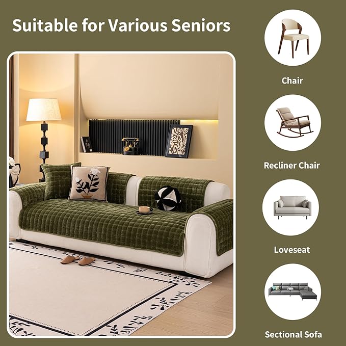 Velvet Couch Cover, Washable Sectional Sofa Cover, Anti Slip Sofa Slipcover for 3 Cushion Couch Sofa L Shaped Armrest Backrest, Furniture Protector Covers for Pets Kids(1PC,Green,36"×36")