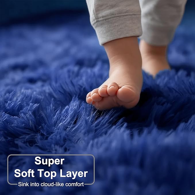 Amdrebio Navy Blue Round Rug 4Ft for Boys Room Bedroom, Circle Area Rugs for Kids Room, Living Room Decor Aesthetic, Fluffy Shag Fur Throw Royal Dark Blue Carpet for Preppy Dorm Playroom Baby Nursery