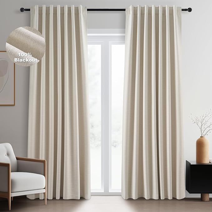 Topfinel 100 Inch Custom Linen Blackout Curtains,Modern Beige Textured Linen Farmhouse Boho Blackout Room Darkening Room Divider Rustic Curtains 2 Panels Set with Rod Pocket Back Tab