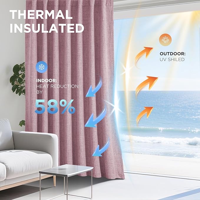 Joydeco Linen Blackout Curtains for Bedroom - 100% Light Blocking 1 Panels, Pink Drapes 100" W x 90" L, Thermal Insulated Room Darkening Curtains for Living Room, Rod Pocket & Back Tabs