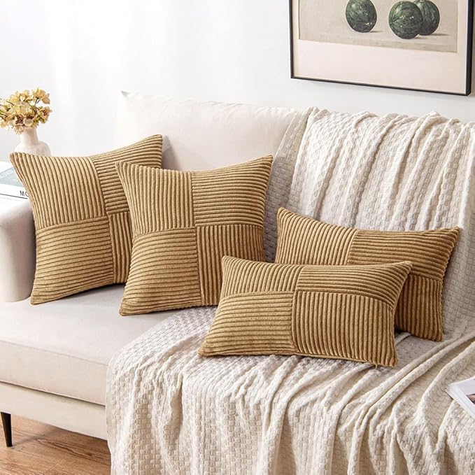 MIULEE Brown Decorative Throw Pillow Covers 18x18 Inch for Couch Bed Sofa Pack of 2 Boho Farmhouse Throw Pillows Soft Cross Corduroy Patchwork Textured Cushion Cases