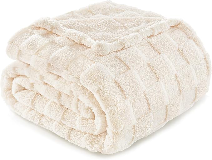 Exclusivo Mezcla Fleece Throw Blanket for Couch,Super Soft and Warm Lightweight Checkered Pattern Blankets for All Seasons, 50x60 Inches, Ivory