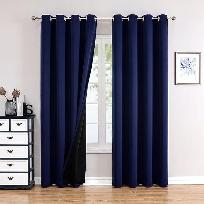 ChrisDowa 100% Blackout Curtains 80 inch Long for Bedroom with Black Liner, 2 Thick Layers Total Blackout Thermal Insulated Grommet Window Curtains 2 Panels Set (Navy Blue, 52 x 80 Inch)