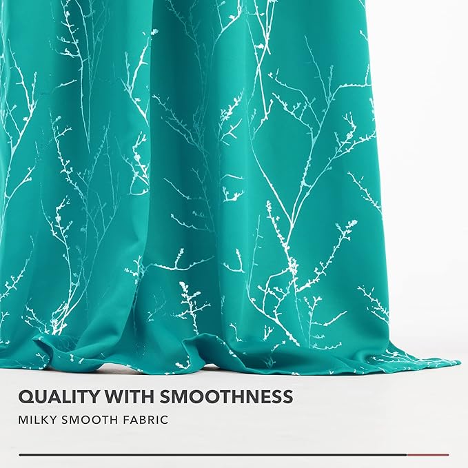 Deconovo Blackout Grommet Silver Pattern Printed Curtains, Turquoise/Silver Tree Branch, 52W x 95L