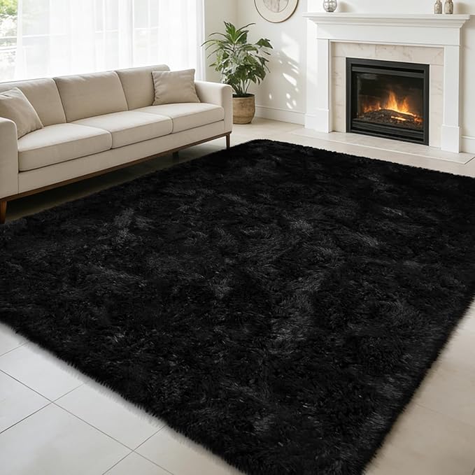 Shag Area Rug for Bedroom 5x8,Black Fluffy Area Rugs for Living Room,Soft Fuzzy Rug Non-Shedding Indoor Plush Carpet for Kids Bedroom Nursery Dorm Home Decor