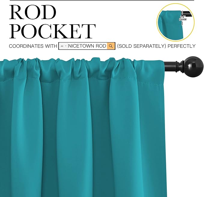 NICETOWN Peacock Blue Blackout Curtains Panels for Window, Thermal Insulated Rod Pocket Blackout Drapes/Draperies for Living Room (2 Panels, W52 x L63 inches)