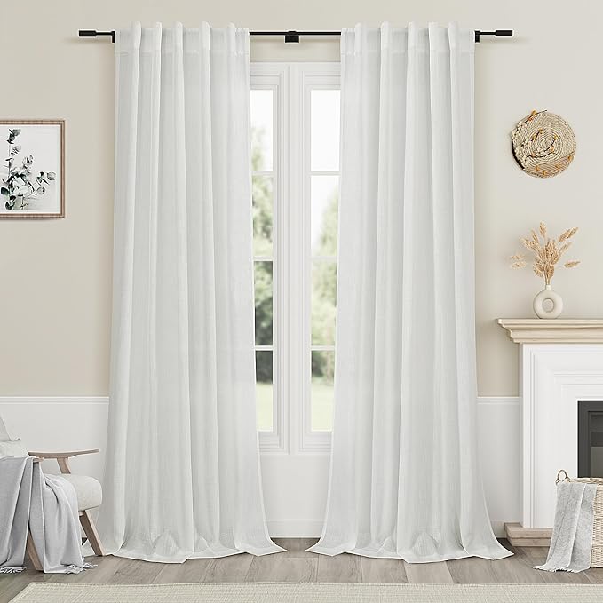 Off White Linen Sheer Curtains 102 Inches 2 Panels Set Back Tab Rod Pocket Extra Long Semi Sheer Light Filter Vintage Curtain Drapes Room Decor Aesthetic Curtains for Living Room High Window 40x102