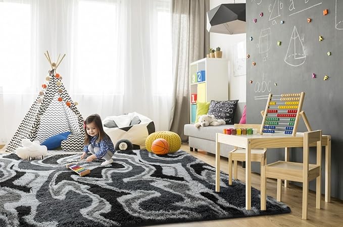 TWINNIS Super Soft Shaggy Rugs Fluffy Carpets, 4x5.9 Feet, Indoor Modern Plush Area Rugs for Living Room Bedroom Kids Room Nursery Home Decor, Upgrade Anti-Skid Rectangular Fuzzy Rug, Grey Black