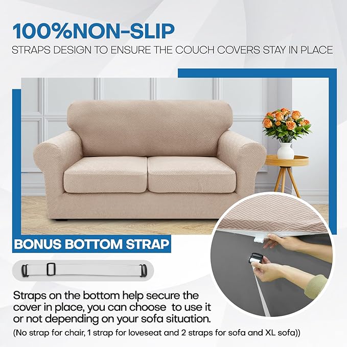 XINEAGE 2026 New 3 Pieces Couch Covers for 2 Cushion Sofa Super Stretch Loveseat Slipcover Pet Dog Universal Slip Cover Anti Slip Love Seat Furniture Protector (Khaki, 55"-69")