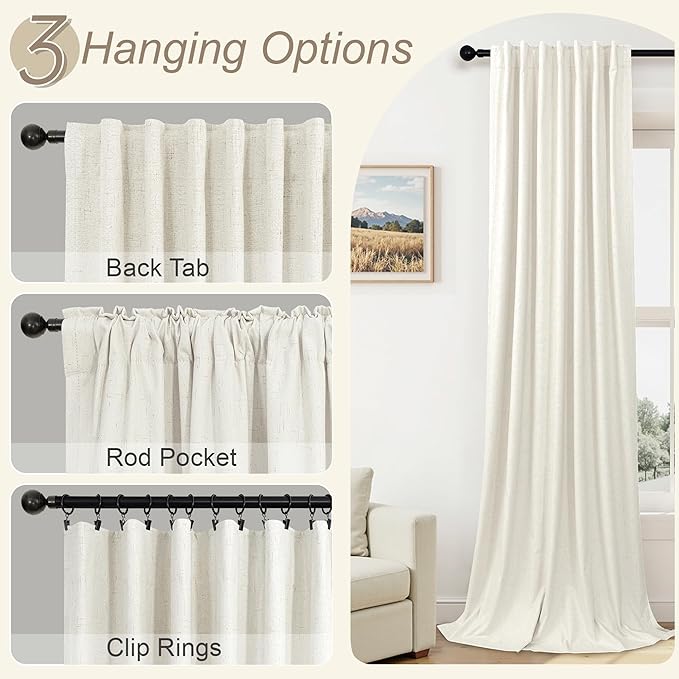 Room Darkening Curtains 63 Inches Long Small Bay Window Dining Room Curtains Boho Soft Cotton Linen Textured Insulated Back Tab Pocket Pleated Blackout Drapes Cream Ivory 52 x 63 Inch Length 2 Panels