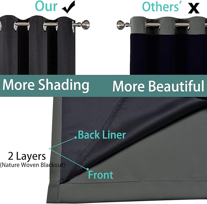Dark Grey Full Shade Curtain Panels, Heavy Duty Lined Curtains 63 Inches Long, Thermal Insulated Room Darkening Curtains with Black Liner for Bedroom(62" Width Each Panel, Dark Gray, 2 Panels)