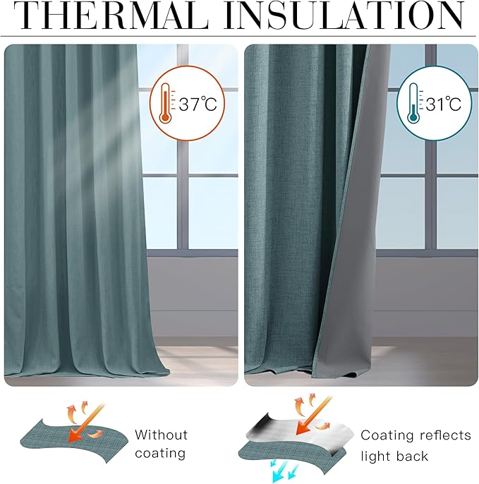 RYB HOME 100% Blackout Linen Textured Curtains 96 inches Long, Thermal Insulating Privacy Energy Saving for Bedroom Living Room Window Office Theater Baby Nursery, W 52 x L 96 in, Misty Blue, 2 Pcs