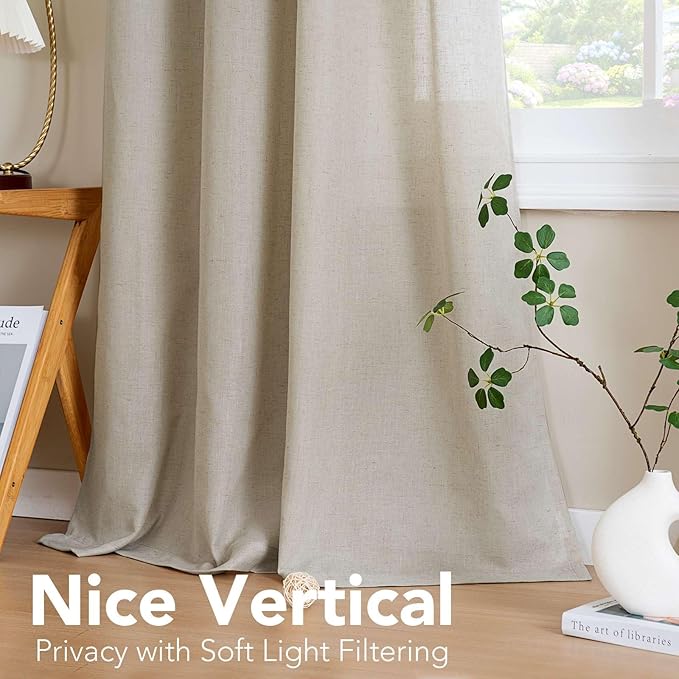 H.VERSAILTEX Living Room Linen Curtains - Semi Sheer, Nickel Grommet, Energy Saving, Light Filtering Window Treatments - Oatmeal, 2 Panels, 52 x 84 Inch