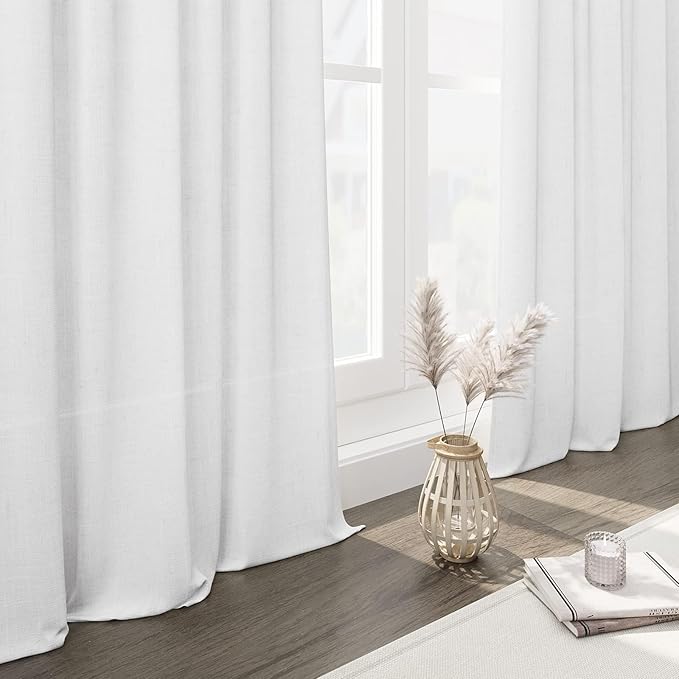 Nanspring 24 Inch White Linen Curtains for Kitchen Windows Over Sink - Cafe Semi Sheer Curtains Back Tab and Rod Pocket Modern Farmhouse Curtain for Bathroom 34 x 24 Inch,2 Panels