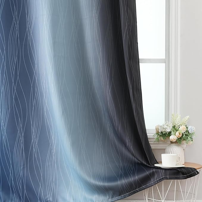 Estelar Textiler Black and Navy Blue Gradient Blackout Curtains for Bedroom 96 Inch Length, Thermal Insulated Ombre Drapes, Full Light Blocking Energy Saving Curtains for Living Room,52Wx96L,2 Panels