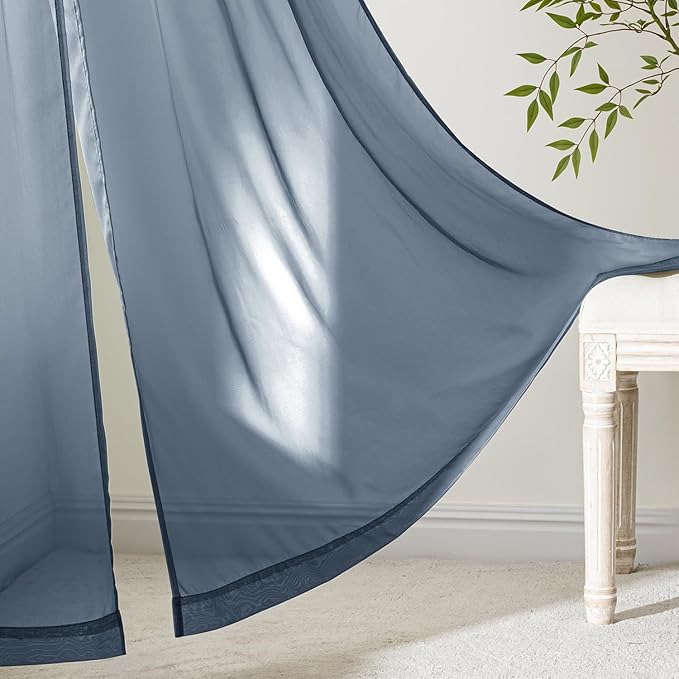MIULEE Navy Blue Sheer Curtains 96 Inches Long, 4 Panels Set, Light Filtering Rod Pocket Voile Drapes Window Treatments, Semi Transparent Airy Fabric for Bedroom and Living Room, 42 x 96 Inches
