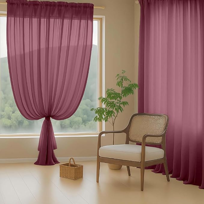 Burgundy Sheer Curtains 120 Inches Long 2 Panels, Extra Long Light Filtering Modern Window Curtains for Sliding Glass Door, Rod Pocket Voile Drapes for Living Room Bedroom, 2x42Wx120L Inches