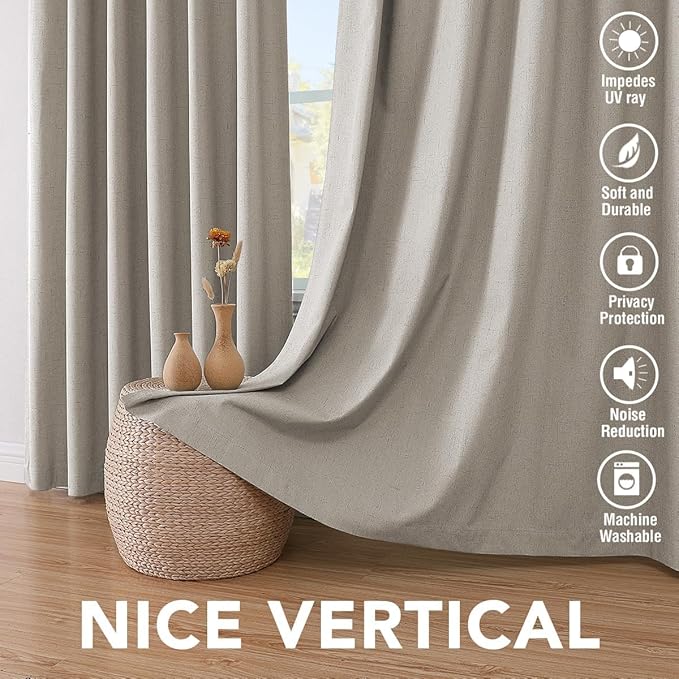 H.VERSAILTEX Linen Curtains 100% Blackout Curtains for Bedroom 90 inch Long Full Light Blocking Nature Linen Blended Window Curtains for Living Room Nickel Grommet (2 Panels, Stone)
