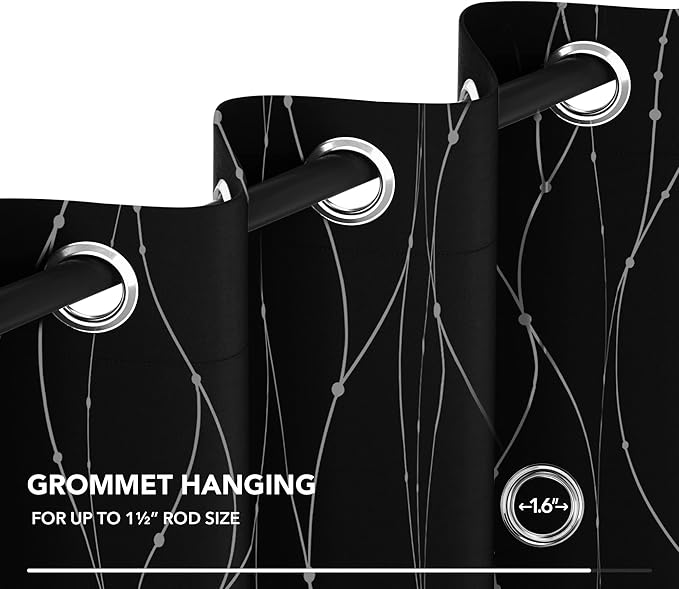 Deconovo Short Blackout Curtains, Black Drapes, Thermal Insulated Soundproof Grommet Curtain, Wave Line Dot Foil Print, 52 x 45 Inch, 2 Panels, Machine Washable Window Panel for Small Windows Kitchen