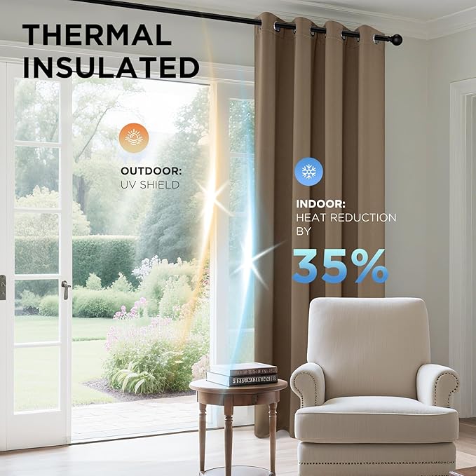 Joydeco Blackout Curtains 72 Inch Length 2 Panels Set, Thermal Insulated Long Curtains& Drapes 2 Burg, Room Darkening Grommet Drapes for Living Room Bedroom Window (W52 x L72 Inch, Khaki)
