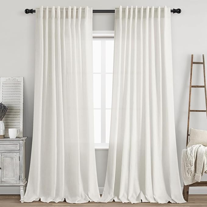 Nanspring Extra Long Beige White Curtains 108 Inch Length 2 Panels Set for Living Room Linen Semi Sheer Curtains Coastal Room Decor Floor to Ceiling Curtain for Bedroom Large Window 70x108