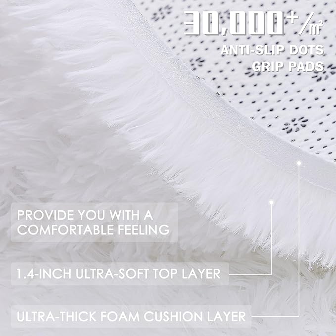 OLANLY White Round Rugs for Bedroom - Machine Washable, 6 ft Circle Area Rugs for Living Room, Soft and Fluffy Shaggy Carpet for Teen Girls and Boys, Nursery Rooms, Dorms, Home Decor Aesthetic