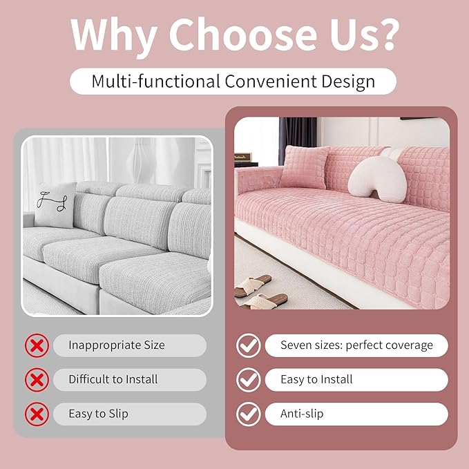 Velvet Couch Cover, Washable Sectional Sofa Cover, Anti Slip Sofa Slipcover for 3 Cushion Couch Sofa L Shaped Armrest Backrest, Furniture Protector Covers for Pets Kids(1PC,Pink,36"×94")