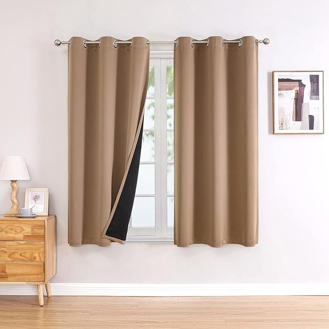 ChrisDowa 100% Blackout Curtains for Bedroom with Black Liner, 2 Thick Layers Total Blackout Thermal Insulated Grommet Window Curtains 2 Panels Set (Cappuccino, 42 x 63 Inch)