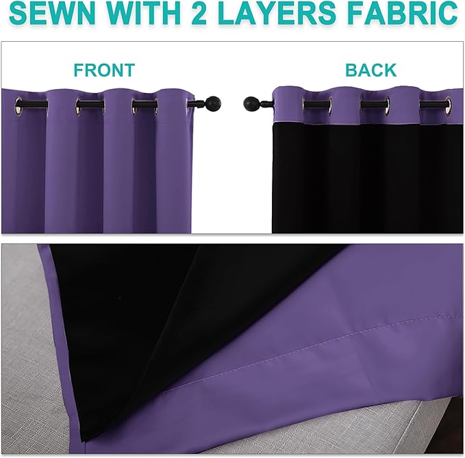 NICETOWN Lilac Purple 100% Blackout Curtains 45 inches Long, Thermal Insulated Full Blackout 2-Layer Lined Curtains, Energy Efficiency Window Draperies for Dining Room (2 Panels, 42-inch W)