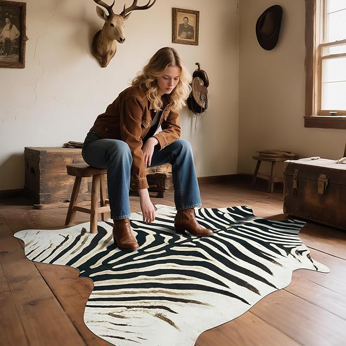 AROGAN Western Faux Fur Zebra Rug, 5.2x6.3 Feet Premium Animal Skin Print Rug, Sturdy Faux Zebra Hide Rugs for Wall Decor, Western Floor Carpet for Bedroom Living Room, Black and White
