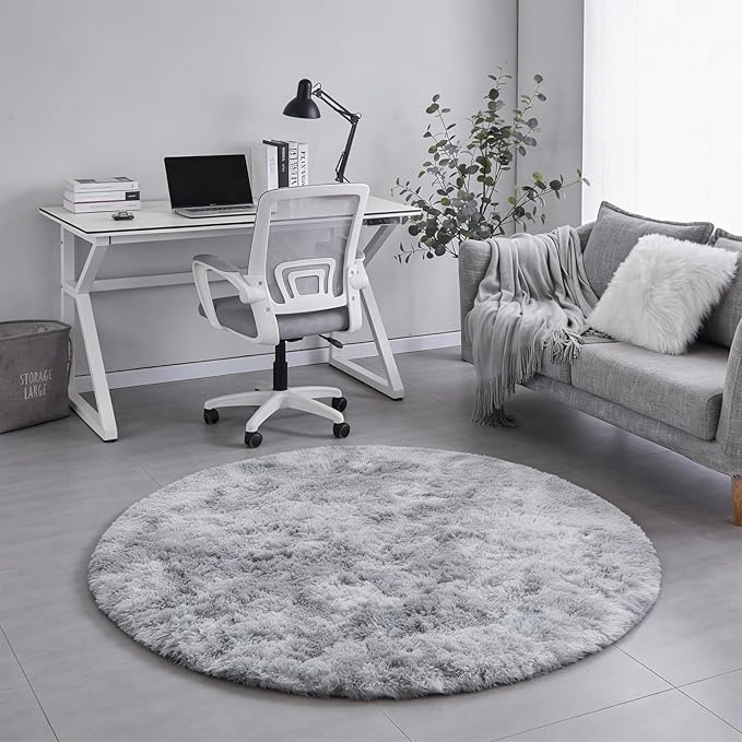 Amdrebio Tie-Dyed Light Grey Round Area Rug 4Ft for Bedroom Living Room, Soft Fluffy Circle Circular Rugs for Kids Room, Home Office Decor, Modern Floor Shag Fuzzy Farmhouse Gray Carpet for Teen Boys